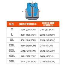 Size chart: measure around chest. Size M fits chest size 39in (99.7cm), center back 21in (53.3cm). Size L fits chest size 42in (106.7cm), center back 22in (55.9cm). Size XL fits chest size 45in (114.3cm), center back 23in (58.4cm). Size 2XL fits chest size 48in (121.9cm), center back 24in (61cm). Size 3XL fits chest size 51in (129.5cm), center back 25in (63.5cm). Size 4XL fits chest size 54in (137.2cm), center back 26in (66cm). Size 5XL fits chest size 57in (144.8cm), center back 27in (68.6cm).