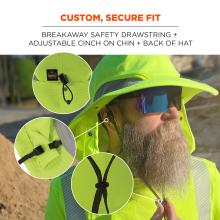 Custom, secure fit: breakaway safety drawstring and adjustable cinch on chin and back of hat