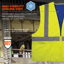 High visibility cooling vest. When wet, polymer embedded wid layer provides hours of cooling. type Rm class 2 compliant with 2 inch reflective tape