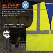 High visibility cooling vest. When wet, polymer embedded mid-layer provides hours of cooling. Type R class 2 compliant with 2 inch reflective tape. ANSI/ISEA 107