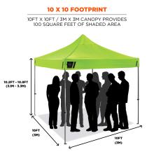 10 x 10 footprint: 10ft x 10ft / 3m x 3m canopy provides 100 square feet of shaded area. Diagram shows dimensions and silhouettes standing under tent.