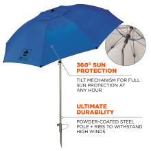 360 sun protection: tilt mechanism for full sun protection at any hour. Ultimate durability: powder-coated steel pole & ribs to withstand high winds.