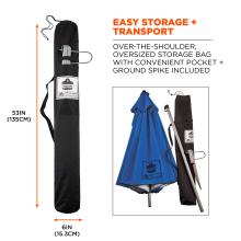 Easy storage & transport: over-the-shoulder oversized storage bag with convenient pocket and ground spike included. Image shows dimension of bag which are 4in x 8in x 53in (10cm x 20cm x 135cm).