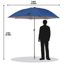 Person standing under umbrella. Dimensions show: 7.5ft (2.2m) x 7.7ft (2.3m).