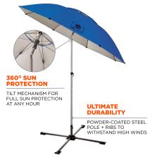 360 degree sun protection. Tilt mechanism for full sun protection at any hour. Ultimate durability. Powder-coated steel pole and ribs to withstand high winds.