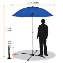 Dimensions: 7.5 feet by 7.7 feet or 2.2 meters by 2.3 meters. Hinged stand is 24 inches tall and 5 inches wide