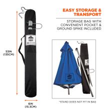 Easy transport and storage. Storage bag with convenient pocket and ground spike included. Bag is 53 inches ling, stand does not fit in bag.