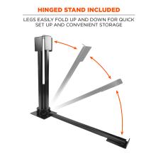 Hinged stand included. Legs easily fold up and down for quick set up and convenient storage