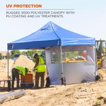 UV protection: rugged 300D polyester canopy with PU coating and UV treatments. Image shows worker resting in the shade .