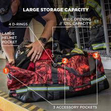 Large storage capacity: 4 d-rings. Wide opening (126 L capacity). Large helmet pocket. 3 accessory pockets. 