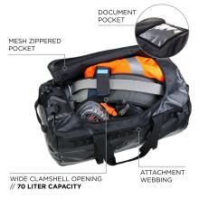 Mesh zippered pocket. Document pocket. Attachment webbing. Wide clamshell opening // 174 liter capacity.