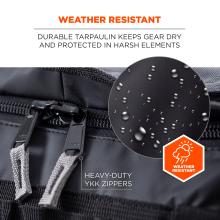 Weather resistant: durable tarpaulin keeps gear dry and protected in harsh elements. Heavy-duty YKK zippers.