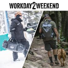 Workday to weekend. Worker on left using bag, and man walking dog on the right carrying bag.