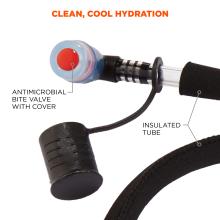 Clean, cool hydration. Antimicrobial bite valve with cover. Insulated tube.