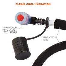 Clean, cool hydration. Antimicrobial bite valve with cover. Insulated tube.