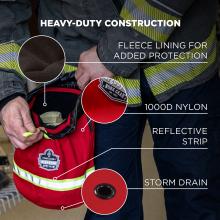 Heavy-duty construction. Fleece lining for added protection; 1000D nylon; reflective strip; storm drain.