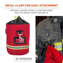Metal clasp for easy attachment: spring-loaded steel clasp secures bag to gear, coats or belts. Includes ID window