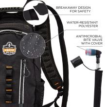 Breakaway design straps for safety. Water-resistant polyester shell. Antimicrobial bite valve cover. 