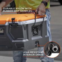 Durable nylon with rubber grip handles and leak-resistant interior drain