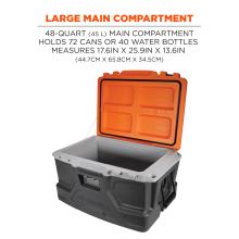large main compartment: 48-quart (45 L) main compartment holds 72 cans or 40 water bottles. measures 17.6in x 25.9in x13.6in (44.7cm x65.8cm x34.5cm).