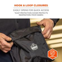Hook & loop closures: easily opens for quick access. *dust protection cover protects respirators from debris.