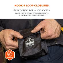 Hook & loop closures: easily opens for quick access. *dust protection cover protects respirators from debris.