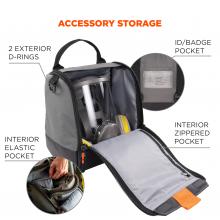Accessory storage. 2 exterior D-rings, ID/Badge pocket, interior elastic pocket, interior zippered pocket