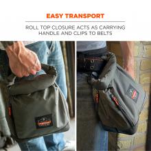 Easy transport. Roll top closure acts as carrying handle and clips to belts