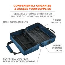 Conveniently organize & access your supplies: versatile storage options for building out your own first aid kit. Webbed storage loops. Mesh interior compartments. Tiered pockets. Clamshell lays flat for quick access/viewing.