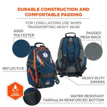 Durable construction: for long-lasting use when transporting heavy gear. 600D polyester, padded mesh back, reflective, heavy duty zippers, water-resistant tarpaulin-reinforced bottom.
