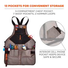 13 pockets for convenient storage: 3-compartment chest pocket, 7 waist pockets, 2 hammer loops. Interior cell phone pocket keeps device safe and secure