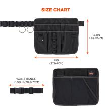 Size chart: apron is 11in (27.94cm) in length and 13.5in (34.29cm) in height. The waist range of the belt is 15-50in (38-127cm). 