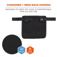 Cushioned with mesh back padding: designed to keep you cool and comfortable for all-day use. Image shows breathable mesh pockets on back. Material is breathable and water resistant. 