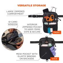 Versatile storage. Large zipper compartment. ID card window. Interior zippered pocket to keep items safe and secure. Mesh pocket with elastic binding on backside.