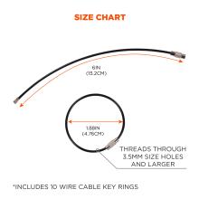 Size chart. Rings are 6in (15.2cm) in length when open and 1.88in (4.76cm) in diameter when closed. Rings thread through 3.5mm size holes and larger. *includes 10 wire cable key rings. 