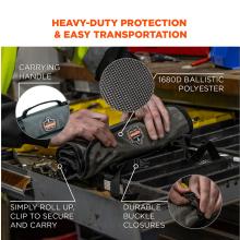Heavy-duty protection and easy transportation. Carrying handle. 1680D ballistic polyester. Simply roll up, clip to secure and carry. Durable buckle closures.
