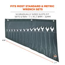Fits most standard and metric wrench sets. 14 gradually sized slots fit sets 5/16in to 1 1/4in (8mm to 32mm).
