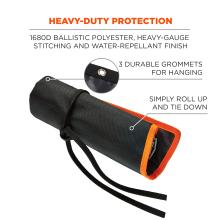 Heavy-duty protection. 1680D ballistic polyester, heavy-gauge stitching and water-repellant finish. 3 durable grommets for hanging. Simply roll up and tie down.