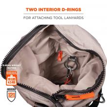 Two interior d-rings: for attaching tool lanyards. D-ring weight rating: 10lbs/4.5 kg. ANSI/ISEA 121 rated.