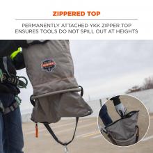 Zippered top: permanently attached to YKK zipper top ensures tools do not spill out at heights. 
