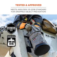 Tested & approved: Meets ANSI/ISEA 121-2018 standard for dropped object prevention. Max. Load limit: 100lbs / 45kg. ANSI/ISEA 121 compliant. 