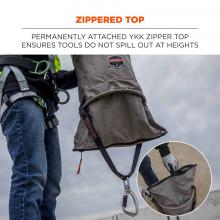 Zippered top: permanently attached to YKK zipper top ensures tools do not spill out at heights. 