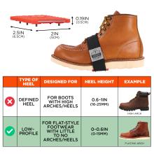 Made for low-profile, flat-style footwear with little to no arches/heels (0 to 0.6 inches or 0 to 15mm heel height). Length of device is 2.5 inches or 6.5cm. Width of device is 2 inches or 5cm. Height is 0.19 inches or 0.5cm