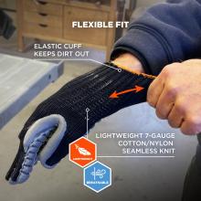 Flexible fit: elastic cuff keeps dirt out. Lightweight 7-gauge cotton/nylon seamless knit. Breathable