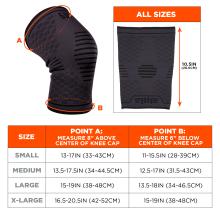 Size chart. Point A circumference measurement taken 8 inches above the center of knee cap. Size S fits knee: 13-17in (33-43cm). Size M fits knee: 13.5-17.5in (34-44.5cm). Size L fits knee: 15-19in (38-48cm). Size XL fits knee 16.5-20.5in (42-52cm). Point B: Point B circumference measurement taken 6 inches below center of knee cap. Size S fits knee: 11-15.5in (28-39cm). Size M fits knee: 12.5-17in (31.5-43cm). Size L fits knee: 13.5-18in (34-46.5cm). Size XL fits knee 15-19in (38-48cm).