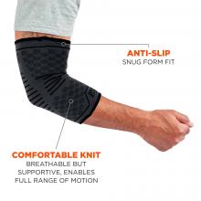 Anti-slip: Snug form fit. Comfortable knit: breathable but supportive, enables full range of motion. Image shows sleeve on model and detail of silicone grip. Image shows sleeve on model.