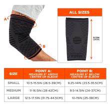 Size chart. Point A measures the circumference 8 inches above center of elbow joint. Size S fits elbow: 10.5-15.5in (26.5-39cm). Size M fits elbow: 11-16.5in (28-42cm). Size L fits elbow: 12.5-17.5in (31.75-44.5cm). Point B measures the circumference 6 inches below center of elbow joint. Size S fits elbow: 9.25-14in (23.5-35.5cm). Size M fits elbow: 9.5-14.5in (24-37cm). Size L fits elbow: 12.5-17.5in (25-38cm).