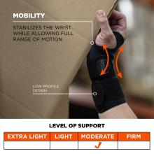 Mobility: stabilizes the wrist while allowing full range of motion. low-profile design. Moderate level of support. Support scale has levels of extra light, light, moderate, and firm support