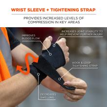 Wrist sleeve and tightening strap: provides increased levels of compression in key areas. Improves blood flow, increases joint stability to help prevent further injury and decreases swelling. Features hook and loop tightening strap