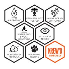 krew'd sunscreen: hypo-allergenic, dermatology tested, hawaii act 104 compliant, won't run in eyes, non-greasy formula, water and sweat resistant, no animal testing